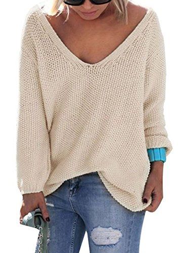 Womens Autumn Casual V Neck Loose Knit Sweater Wrap Pullover Beige S | Amazon (US)