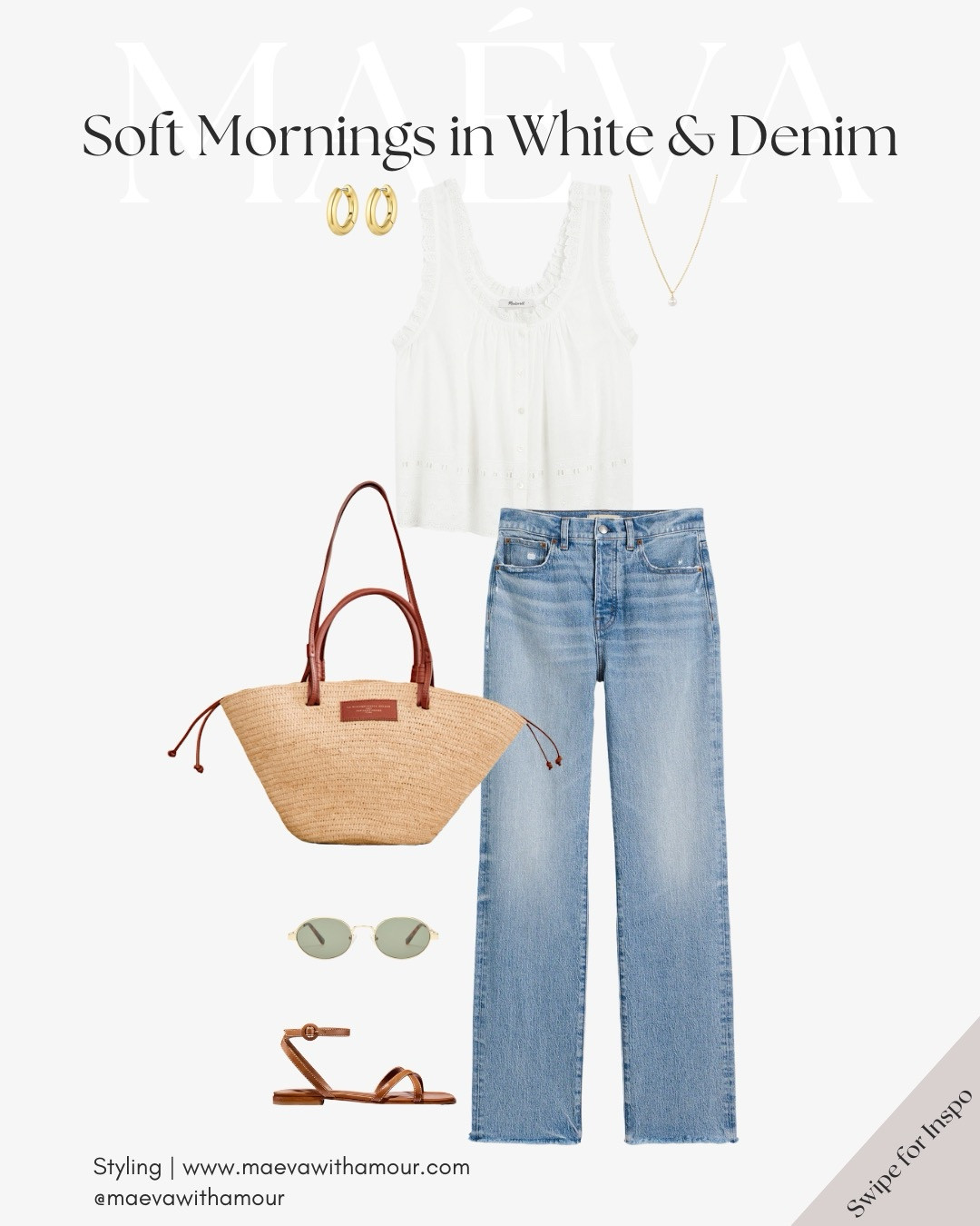 Soft mornings, white tops, and denim 💭✨ This is one of my most-worn outfit combinations, styled 3 ways using capsule wardrobe staples I reach for every spring and summer! From light-wash denim and feminine white blouses to raffia bags and warm brown leather, it’s a timeless, French-inspired look I’ll never get tired of! 

❤️ Adore these looks? Comment SHOP to receive a DM with the link or head to the link in bio to shop the looks & more! 

👉 Save & Follow to discover French-inspired style and wardrobe tips, designed to elevate your everyday fashion!

With Amour, M.

#frenchstyle #summeroutfit #ootd #styleguide #parisianstyle #effortlessstyle #capsulewardrobe

#LTKSummerEdit #LTKStyleTip #LTKTravel