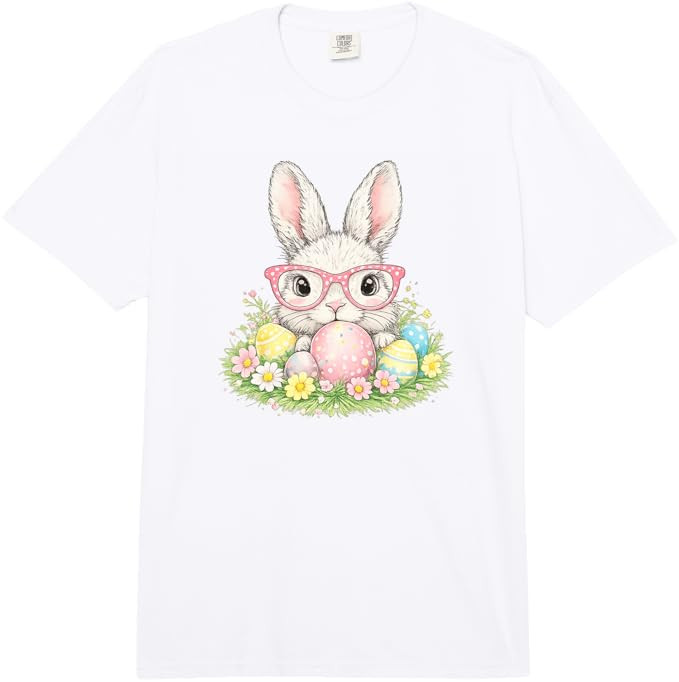 Cute Easter Bunny Glasses Spring Rabbit Pattern Comfort Colors Adult Heavyweight T-Shirt | Amazon (US)