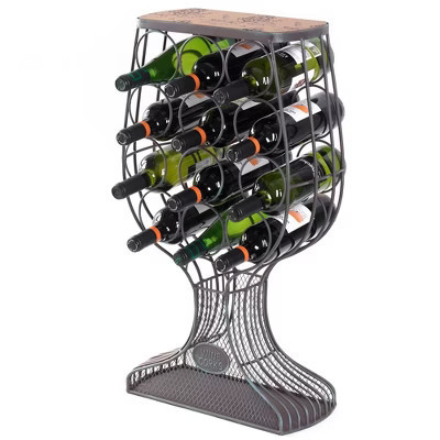 Freestanding Floor Wine Rack with Wooden and Metal Goblet Design - Holds 12 Bottles and Includes Wine Cork Holder | Target