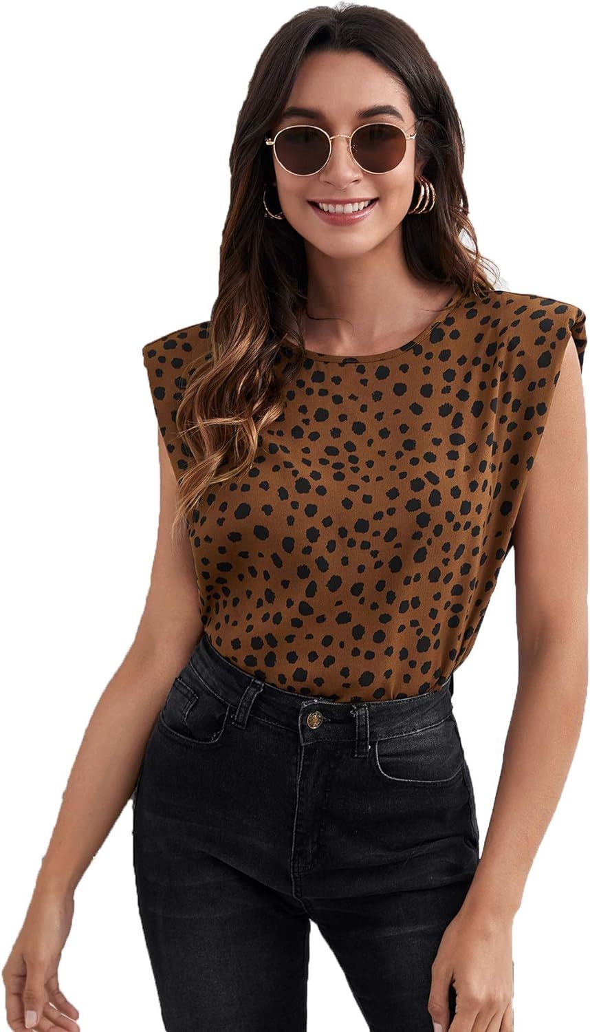 MakeMeChic Women's Allover Print Shoulder Pad Sleeveless Blouse Top | Amazon (US)