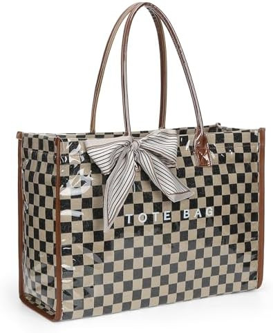 Lushandy PVC Tote Bag for Women, Large Plastic Tote Purse Work Kraft Paper Letter Print Shoulder ... | Amazon (US)