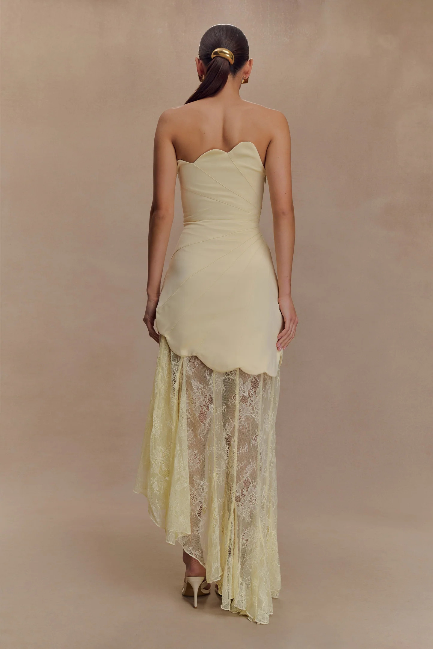 Satin And Lace Maxi Dress - Lemon | MESHKI US