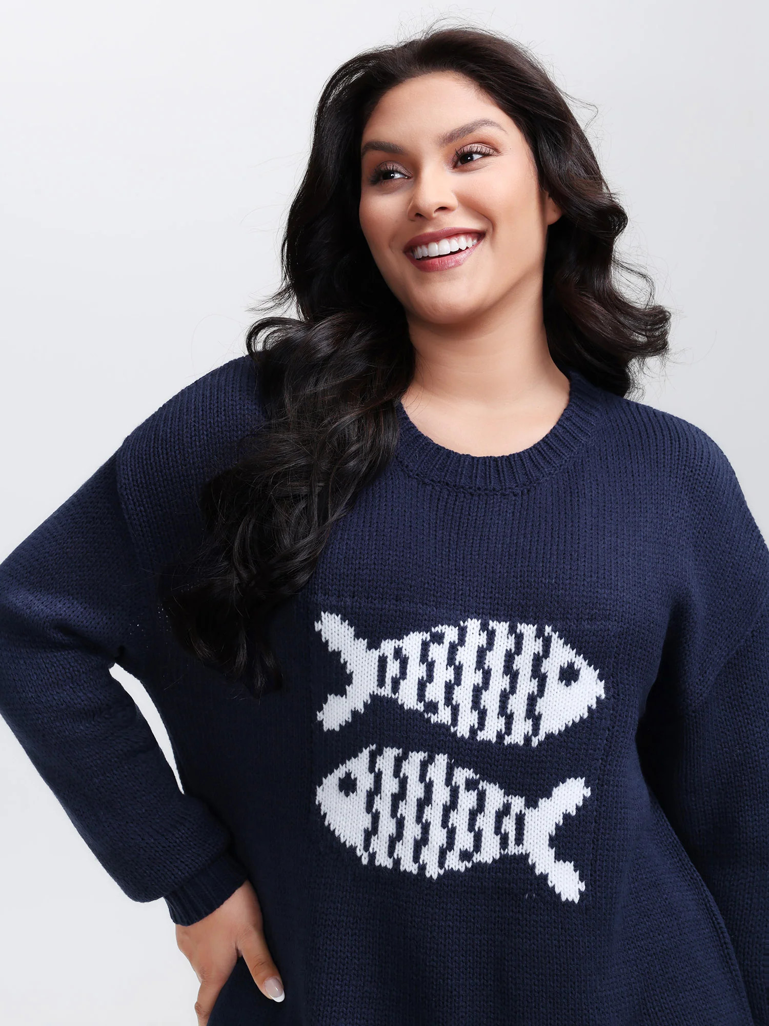 Fish Jacquard Print Round Neck Pullover | Bloomchic