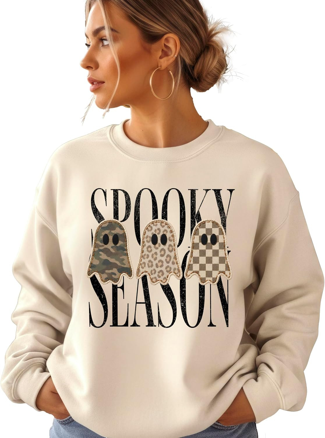 Olive Loves Apple Ink Spooky Season Sweatshirt for Women & Teen Girls Halloween Camo Leopard Ghost Crewneck | Amazon (US)