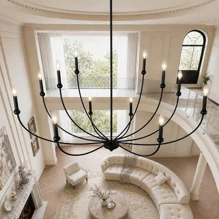 LALUZ Modern Transitional 2-Tier 12-Light Black Wheel Chandelier for Large Living Dining Room Foy... | Bed Bath & Beyond
