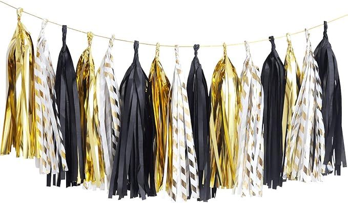 NICROLANDEE Black and Gold Party Decorations - 15Pcs Black Gold Tissue Paper Tassel Garland for W... | Amazon (US)