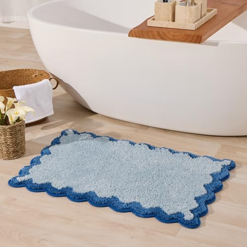 ORTIGIA Cute Blue Scalloped Bath Mat, Fun Plush Microfiber Scallop Bathroom Rugs Non Slip Washabl... | Amazon (US)