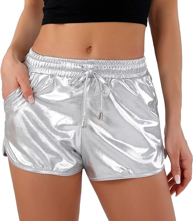 POSHDIVAH Metallic Shorts for Women Hot Sparkly Shiny Shorts with Elastic Drawstring | Amazon (US)