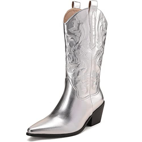 Dsevht Metallic Cowboy Boots Silver Boots for Women Silver Cowgirl Boots Mid Calf Pull-On | Amazon (US)