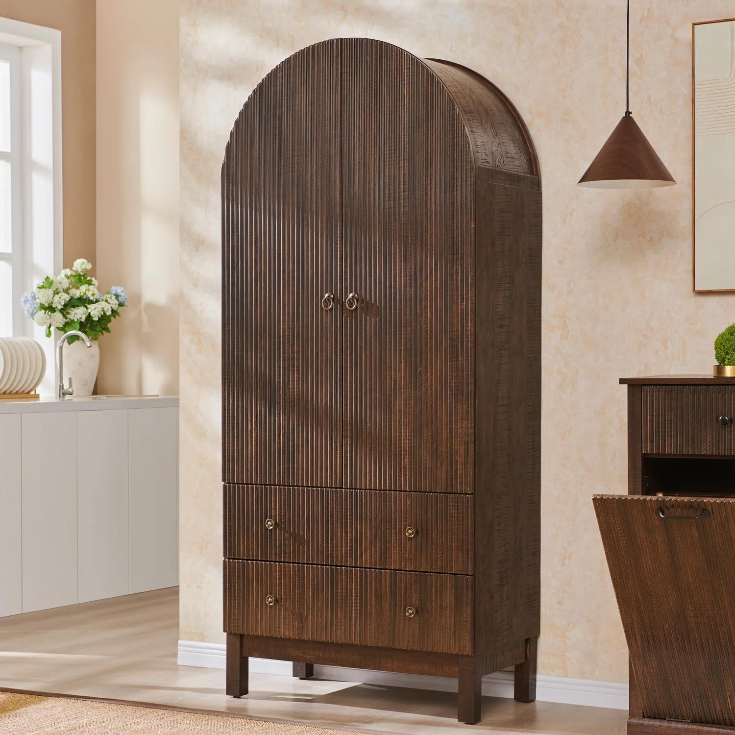 71" Tall Arched Pantry Cabinet, Fluted Kitchen Storage Cabinet with Adjustable Shelves and 2 Larg... | Wayfair North America