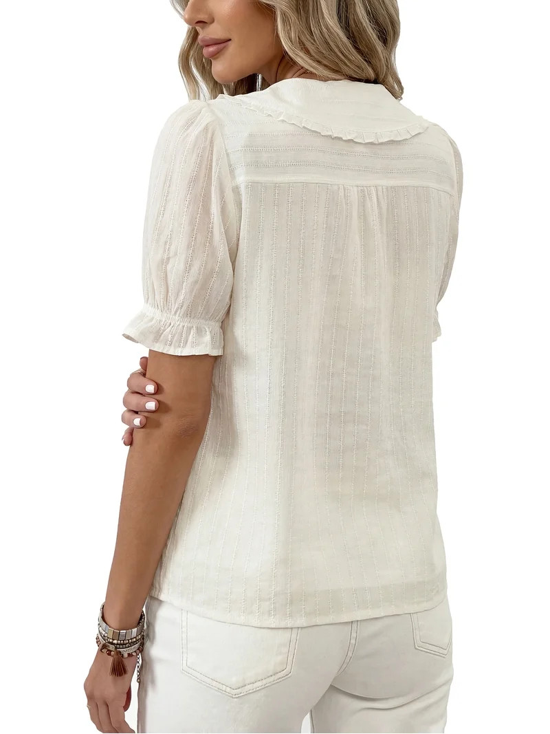 PRETTYGARDEN Women's V Neck Poplin Short Sleeve Button Up Top, Sizes S-XXL | Walmart (US)