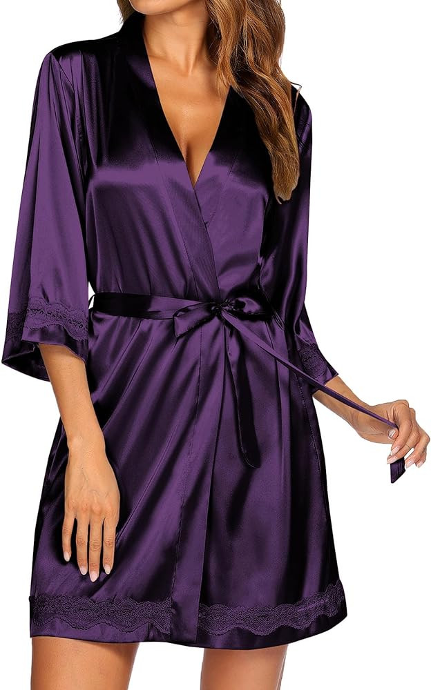 Ekouaer Women's Lace-Trim Silk Robes Bride Bridesmaid Kimono Satin Bathrobe V Neck Sleepwear with... | Amazon (US)