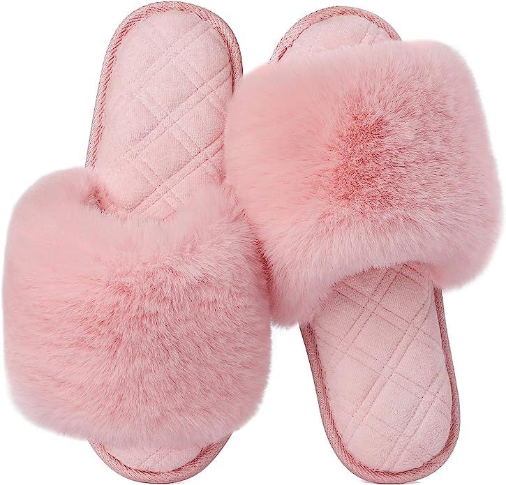 LongBay Women's Faux Bunny Fur Memory Foam House Slippers Cute Comfy Flat Slide Sandals Cozy Hous... | Amazon (CA)