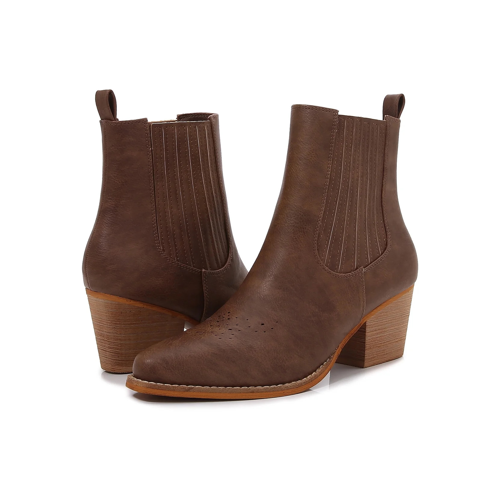 Women PU Leather Perforated Front Stacked Heel Ankle Boots with Elastic Side Gussets (Brown / 11) | Walmart (US)