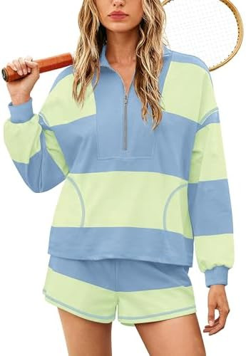 Yanekop Womens Oversized Striped Set Matching Workout Sets Lounge Sets 2 Piece Outfits Half Zip P... | Amazon (US)
