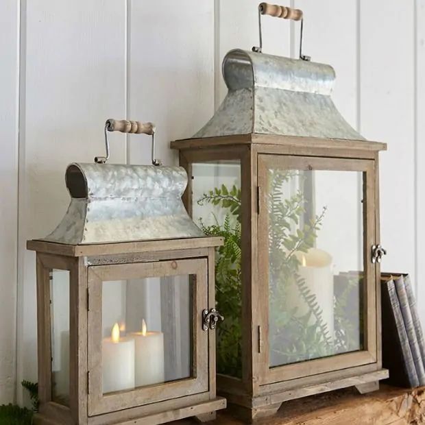 Rustic Wood and Metal Candle Lantern Set of 2 | Antique Farm House