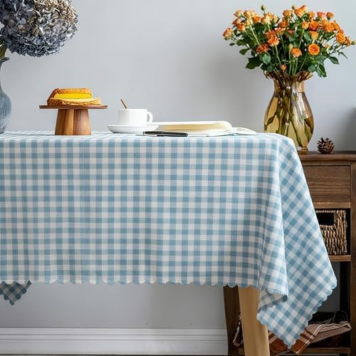 Blue Gingham Tablecloth,Cotton Heavy Weight Ruffled Edge Table Cloth Washable Wrinkle Free Rustic... | Amazon (US)