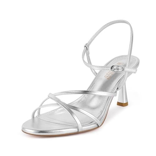 wetkiss Silver Heels For Women Strappy Heels For Women Silver Sandal Heels For Women Low Heels Kitten Heels For Women Comfortable Heels For Women Dressy Heels Black Strappy Heels Womens Sandal Heels | Amazon (US)