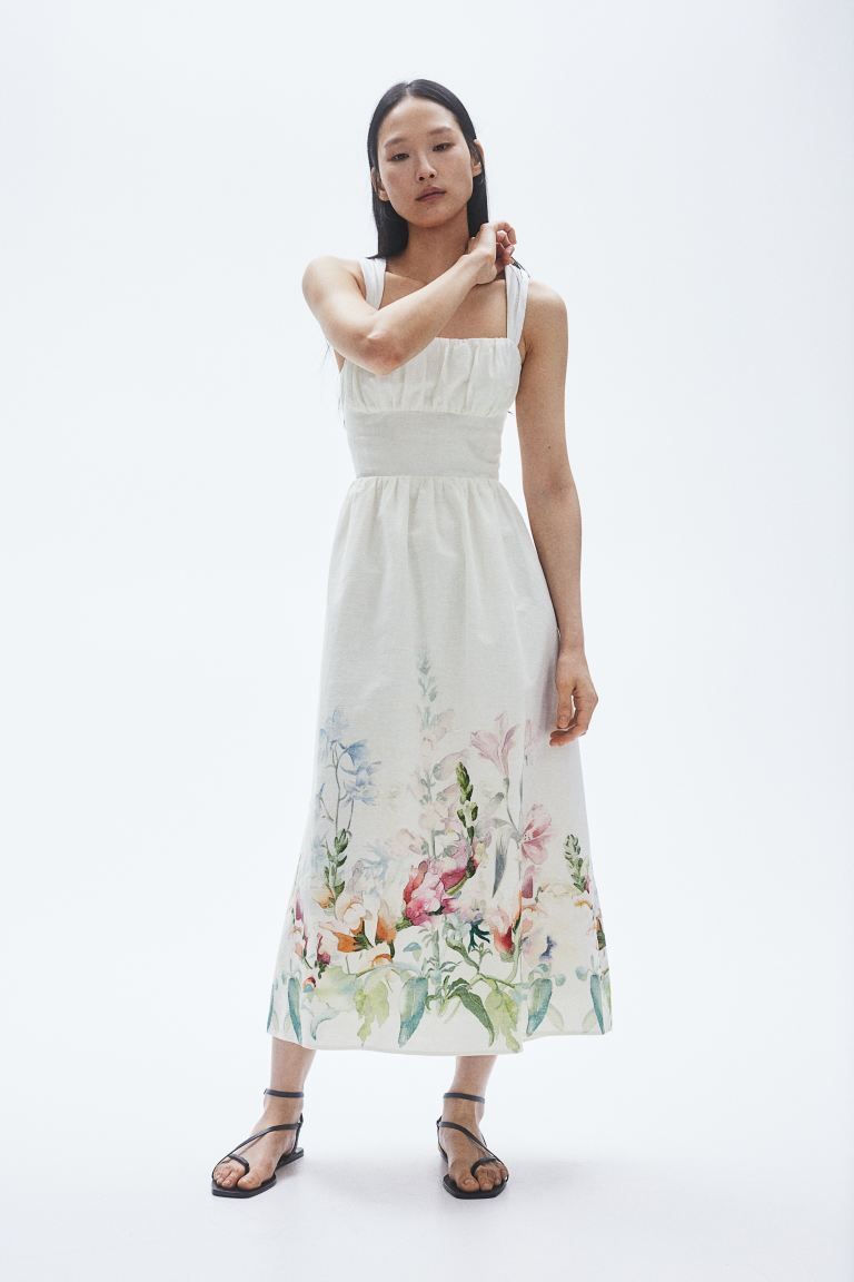 Printed linen-blend dress - White/Floral - Ladies | H&M GB | H&M (UK, MY, IN, SG, PH, TW, HK)
