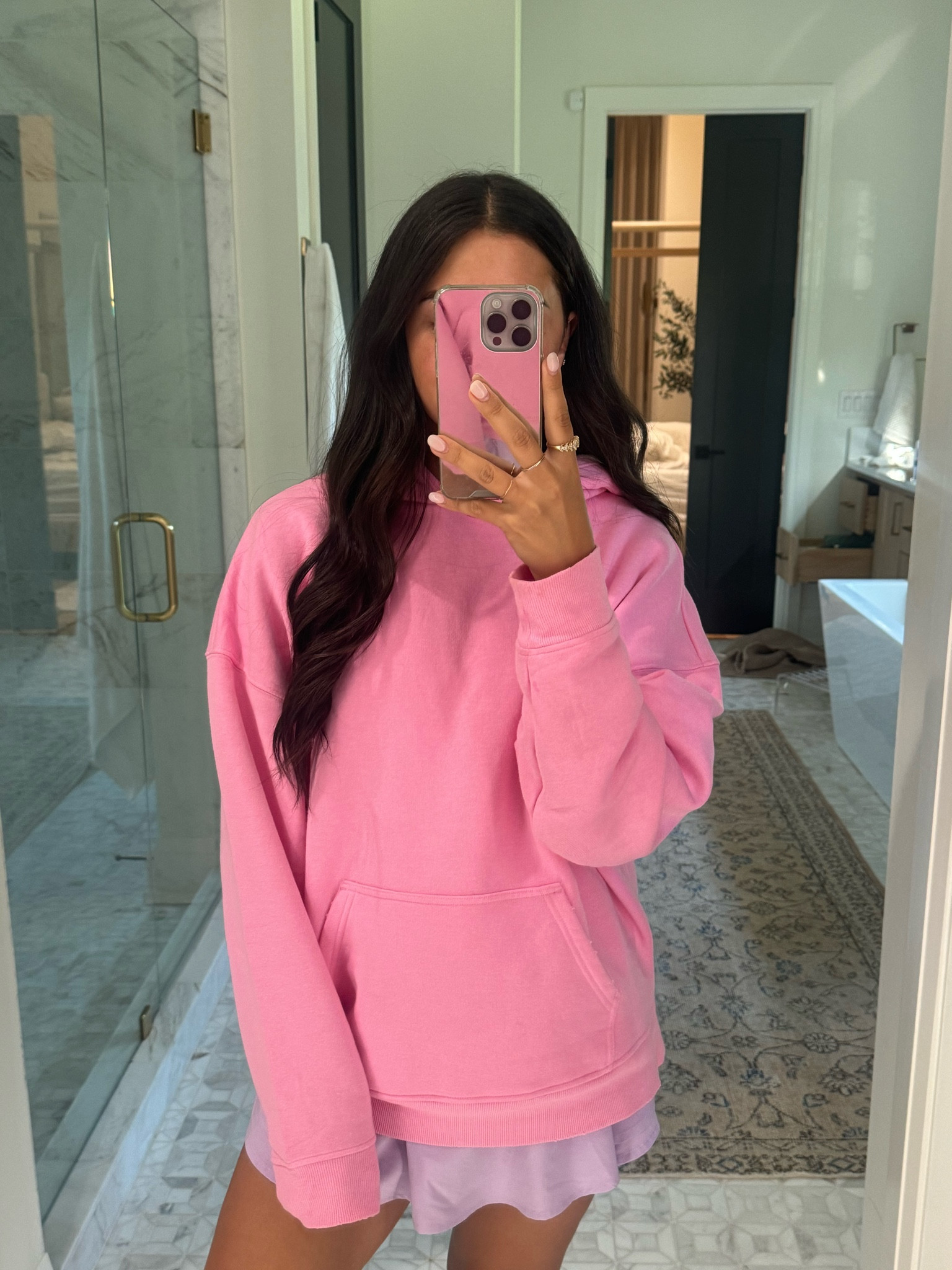 Hoodie: medium
Skirt: medium
T-shirt: medium

Such a cute hoodie and color and LOVE that 50% of proceeds go to Susan G Komen💕