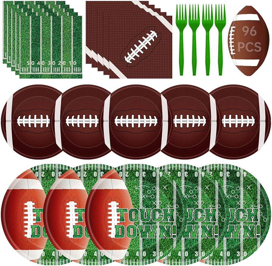 96 Pcs Football Plates and Napkins Forks Sets - Rugby Sports Themed Round Tableware, Disposable T... | Amazon (US)