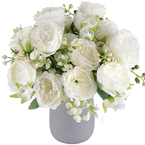Artificial Peonies Silk Flowers, White Faux Peony Bouquet 4 Bundles Florals Arrangements Decor fo... | Amazon (US)