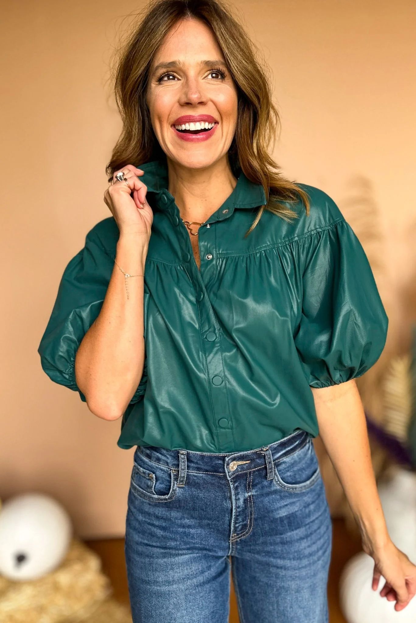 Teal Green Faux Leather Button Front Collared Puff Sleeve Top *FINAL SALE* | Shop Style Your Senses