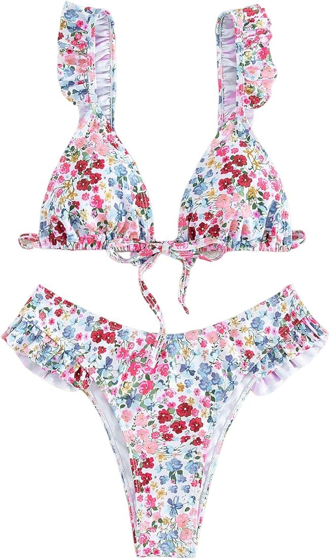 WDIRARA Women's Floral Print Tie Front Frill Trim Triangle Bikini Swimsuit | Amazon (US)