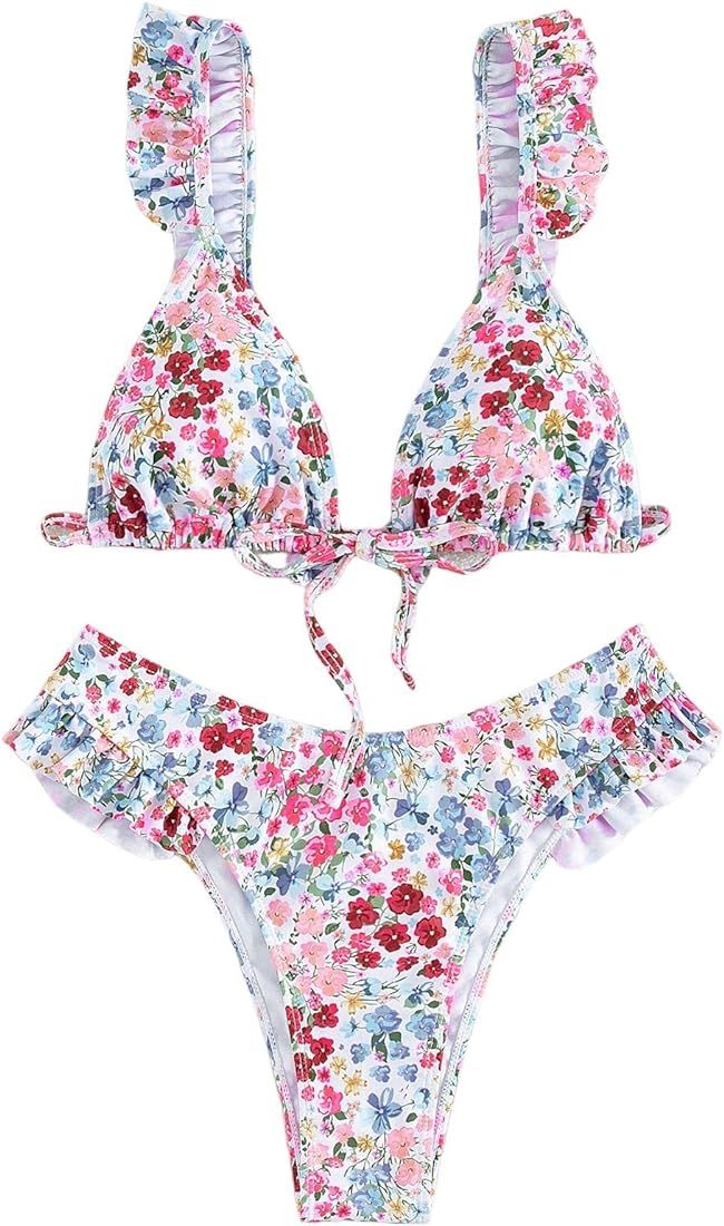 WDIRARA Women's Floral Print Tie Front Frill Trim Triangle Bikini Swimsuit | Amazon (US)