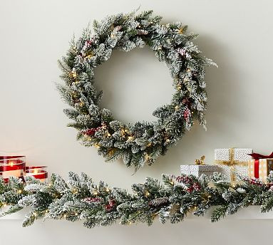 Pre-Lit Faux Frosted Pine and Berries Wreath & Garland | Pottery Barn (US)