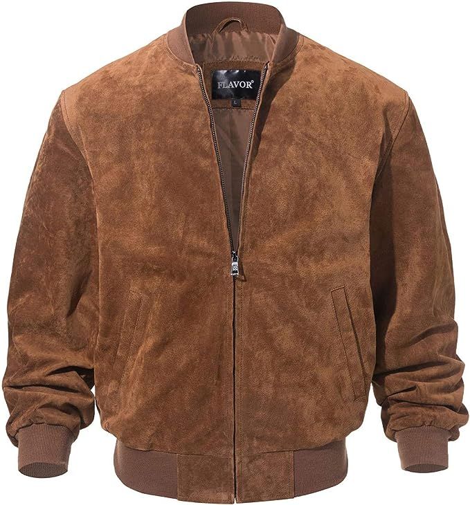 FLAVOR Men's Leather Baseball Bomber Jacket Vintage Suede Pigskin | Amazon (US)