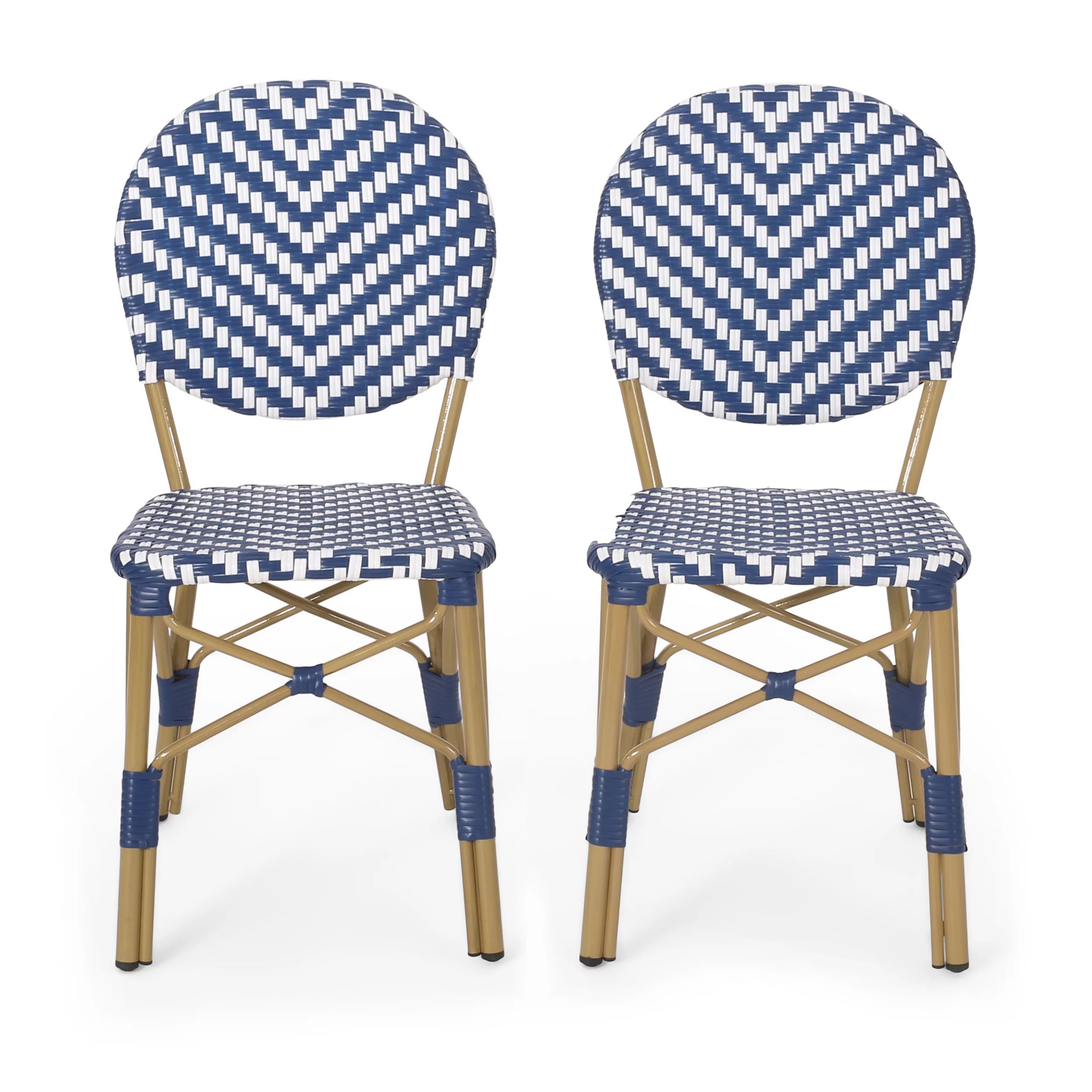 Groveport Aluminum Outdoor French Bistro Chairs, Set of 2, Navy Blue, White, and Bamboo Finish | Walmart (US)