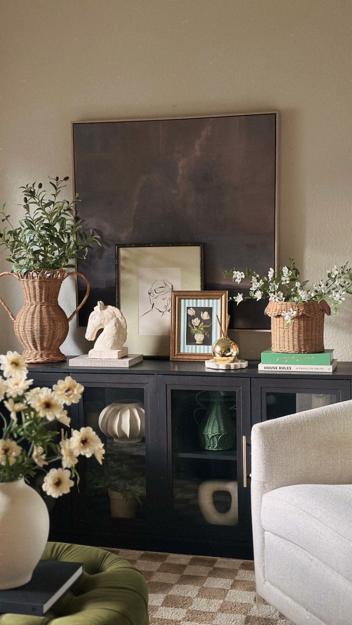 Sitting room cabinet decor styling! 💚 loving the green accents! 🫶🏼

#LTKHome #LTKSeasonal #LTKSaleAlert