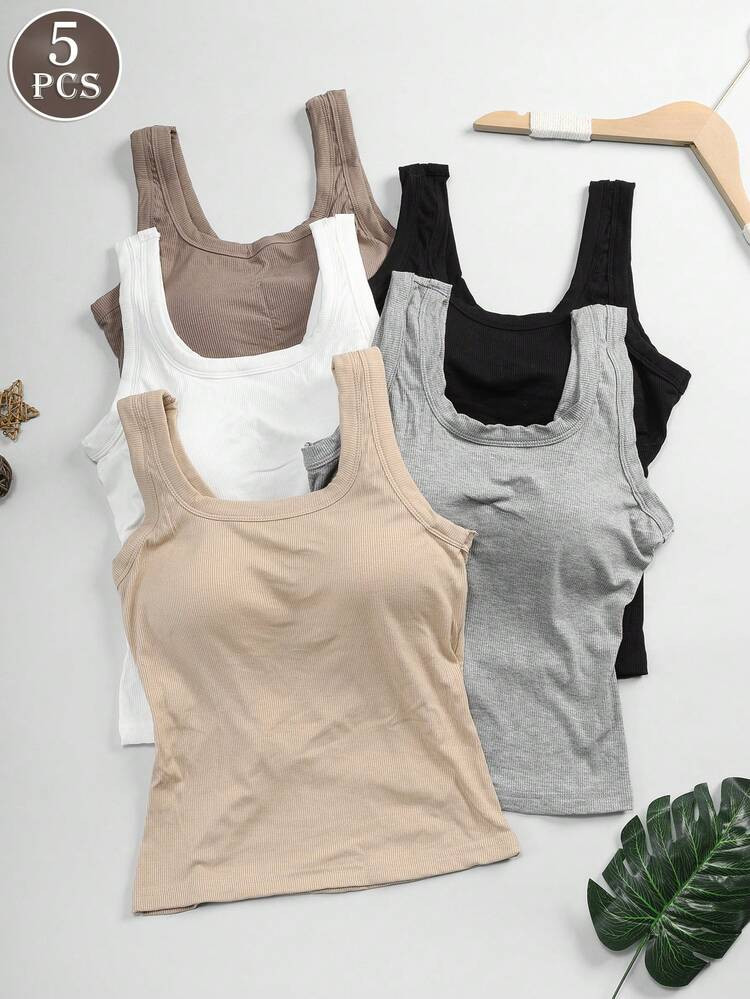 5pcs Seamless U-Back Ribbed Tank Tank Tops Women With Built-In Bras For Women, Solid Color Slim-F... | SHEIN