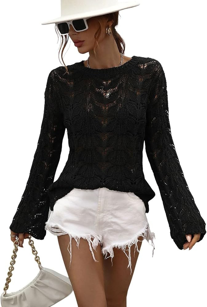 chouyatou Women's Spring Bell Sleeve Crochet Sweater Boho Hollow Out Pullover Sweater Tops Blouse | Amazon (US)