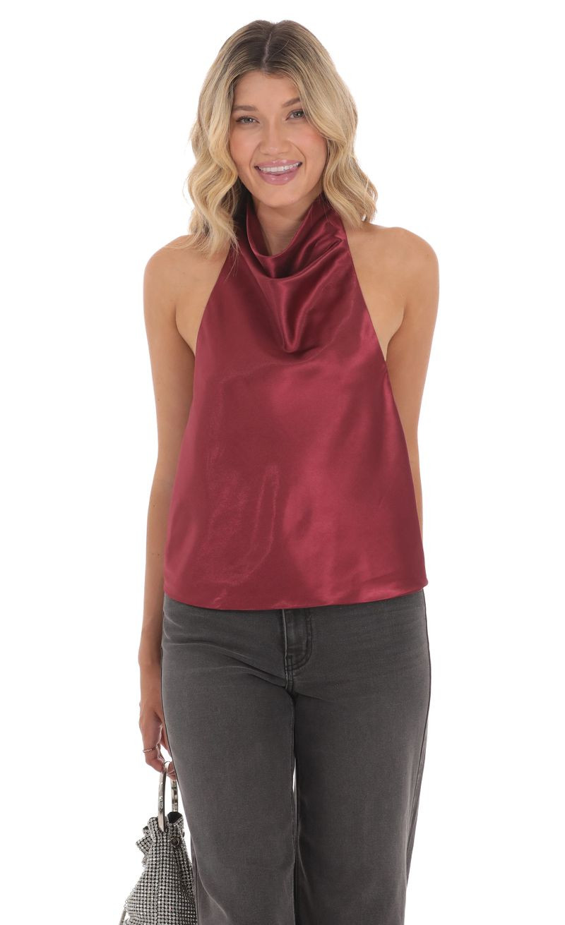 Mock Neck Satin Top in Burgundy | Lucy in the Sky