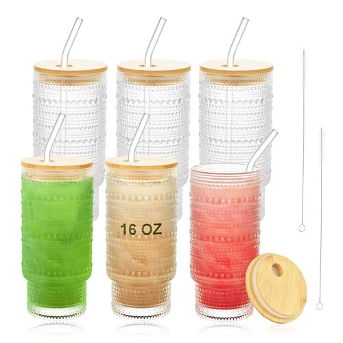 Paoren 16 oz Hobnail Drinking Glasses Set, 6 Pcs Glass Cups with Bamboo Lids and Straws, Beaded Glassware Vintage Water Glasses Tumbler Iced Coffee Cup Ideal for Mojito Soda Smoothies Boba Tea Beer | Amazon (US)