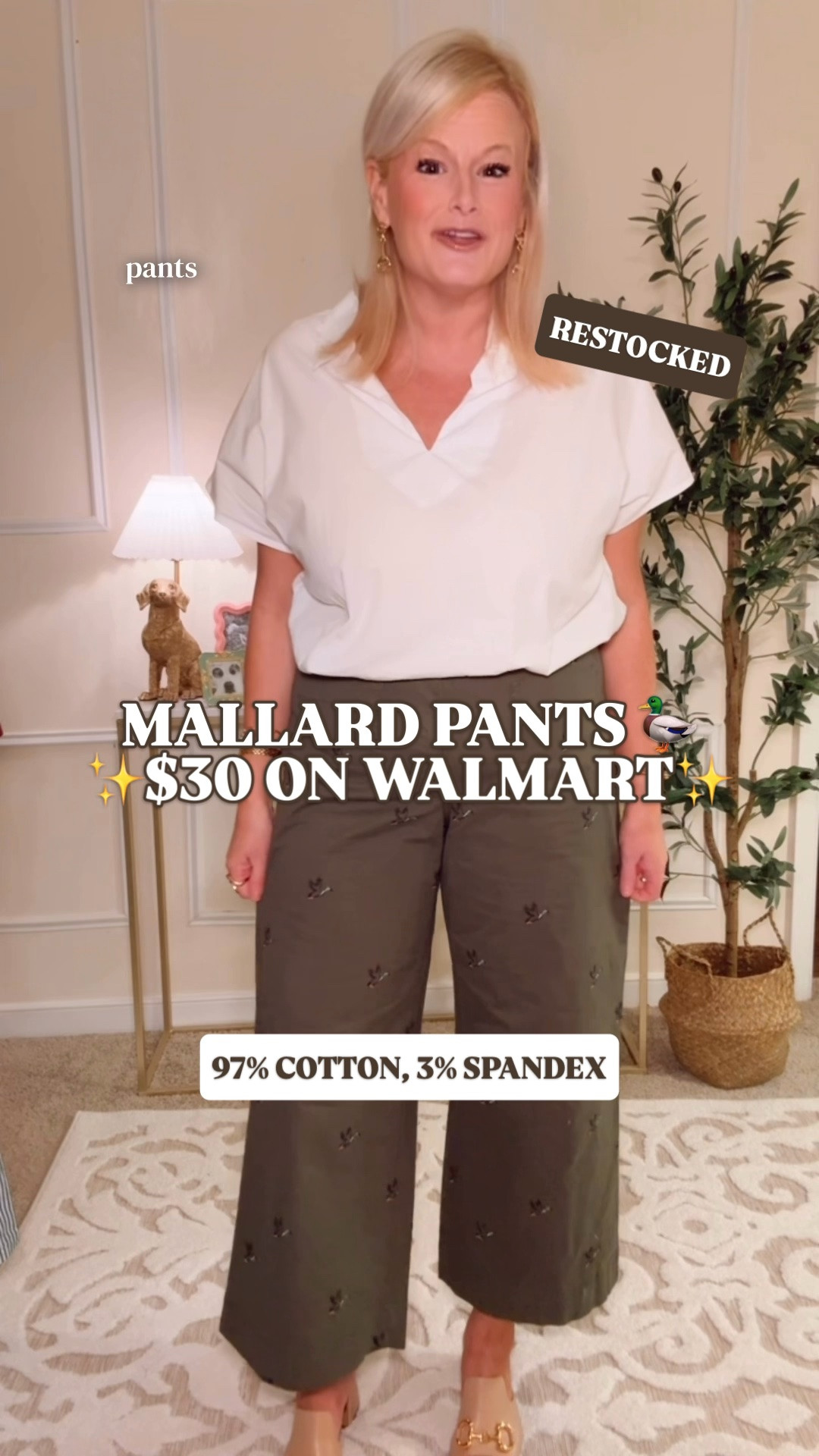 RESTOCKED: RALPH LAUREN LOOK FOR LESS ON WALMART 🦆

These $30 Free Assembly mallard embroidered pants look like they walked straight out of a Ralph Lauren fall catalog. They’ve sold out so many times I’ve lost count, and they’re back on Walmart with great reviews.

The little embroidered ducks against the dark olive give them that classic heritage prep look. If your fall wardrobe wish list involves Ralph Lauren, cable knit sweaters and barn jackets, these are going to fit right in. Such a good way to bring a little personality into everyday preppy fall outfits.

They’re 97% cotton with 3% stretch, a high rise and a cropped wide leg silhouette. I’m wearing my usual size 6, and they run generous on me. There’s also elastic across the back of the waistband and four patch pockets.

Wear them with a white popover now, then a cable knit sweater or barn jacket as it cools down. Think casual work outfits, teacher outfits, football weekends and Thanksgiving. The Ralph Lauren look, with a $30 Walmart price tag.

If you’ve been waiting for the mallard pants to come back, here’s your restock.

Walmart embroidered duck pants, Free Assembly mallard pants, Ralph Lauren look for less, Ralph Lauren inspired fall outfits, heritage prep, heritage style, preppy style, olive green pants women, cotton stretch pants, cropped wide leg pants, high rise embroidered pants, Walmart fall fashion, Walmart style, Walmart finds, preppy teacher outfits, casual fall work outfits, Thanksgiving outfits women

#LTKFindsUnder50 #LTKStyleTip #PreppyStyle #HeritagePrep #WalmartFinds #WalmartStyle #LookForLess #RalphLauren

#LTKSeasonal #LTKWorkwear #LTKootd