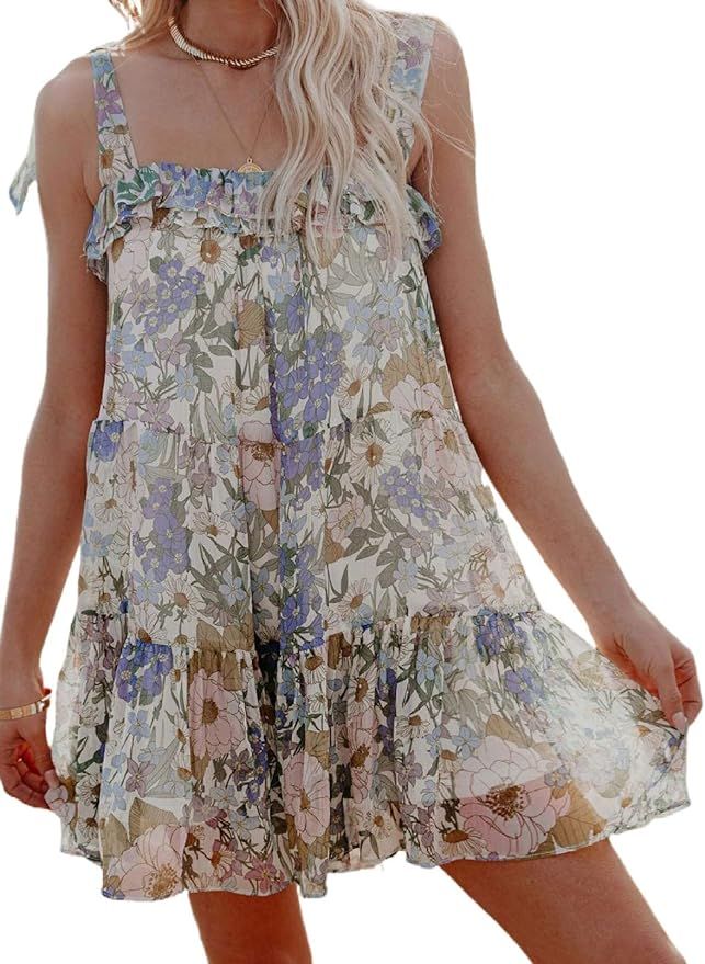 Sidefeel Womens O Neck Ruffle Sleeve Loose Tiered Backless Mini Dress | Amazon (US)
