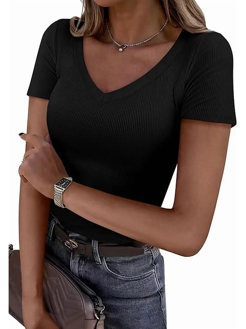 PRETTYGARDEN Women Spring Tops Trendy Ribbed Short Sleeve V Neck Fitted Basic Tee Shirts Casual G... | Walmart (US)
