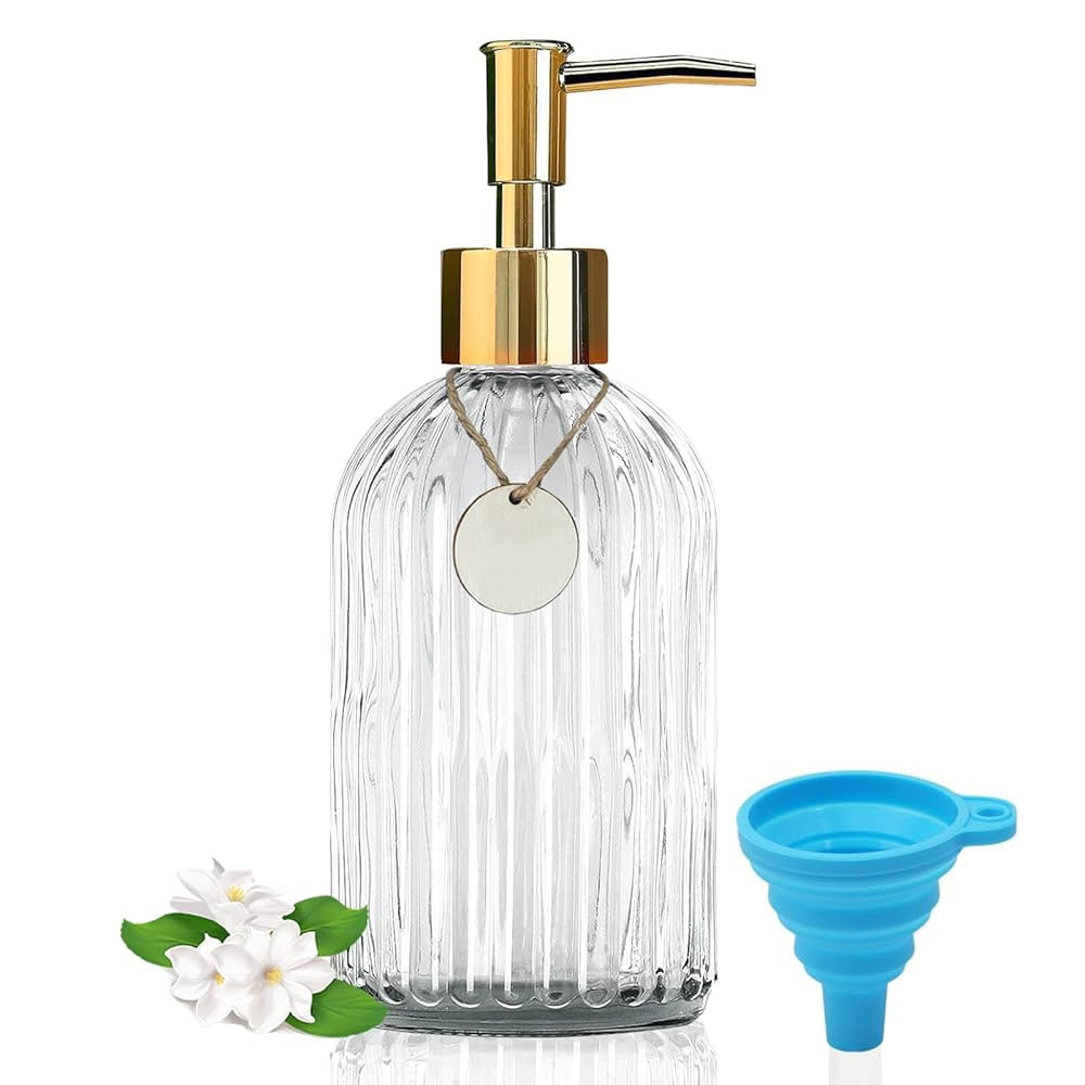 14Oz Gold Pump Glass Soap Dispenser, Clear Stripe Countertop Refillable Liquid Bottle Hand Dish L... | Amazon (US)