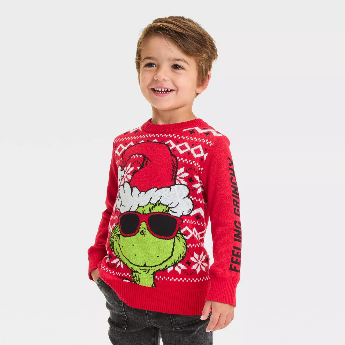 Toddler Boys' The Grinch Christmas "Feeling Grinchy" Sunglasses Fleece Pullover Sweater - Red | Target