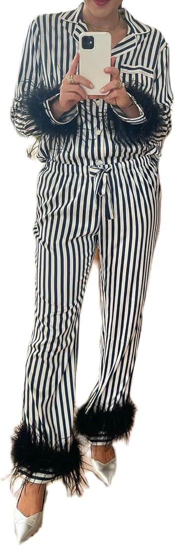 FOMOYUU Womens Cozy Striped Pajamas Feather Trim Long Sleeve Button Top and Pants Pajama Set Chri... | Amazon (US)