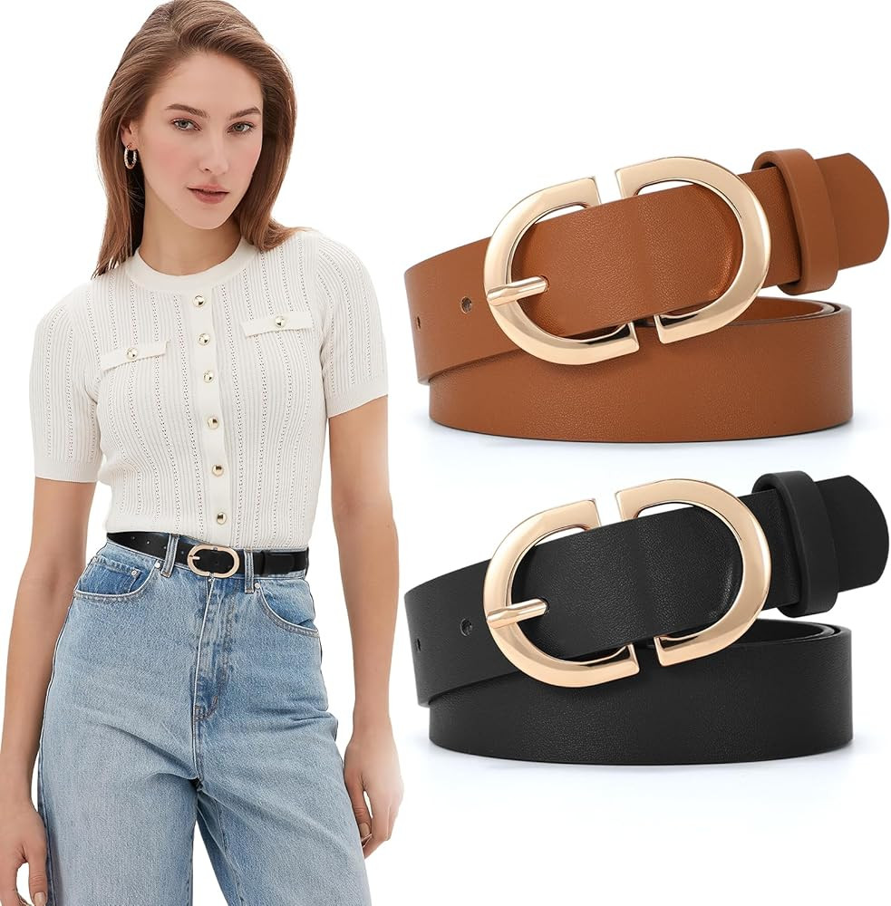 JASGOOD 2 Pack Women Leather Belts Plus Size for Jeans Pants Fashion Dresses Ladies Belt with Gol... | Amazon (US)