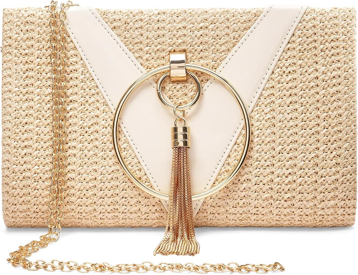 Tassels Straw Clutch Purses for Women Straw Handbags With Detachable Chain For Wedding, Party, Pr... | Amazon (US)