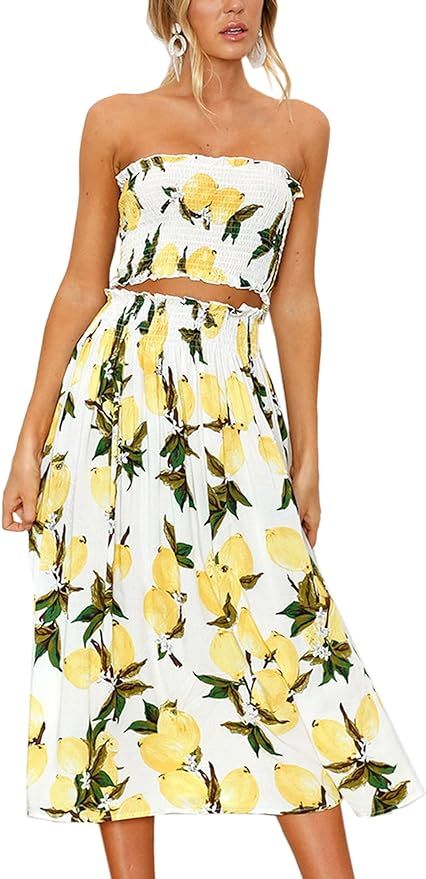 Angashion Women's Floral Crop Top Maxi Skirt Set 2 Piece Outfit Dress | Amazon (US)