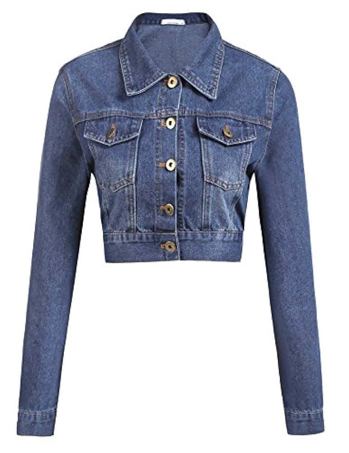 Grabsa Women’s Button Down Long Sleeve Cropped Denim Jean Jacket Pockets | Amazon (US)