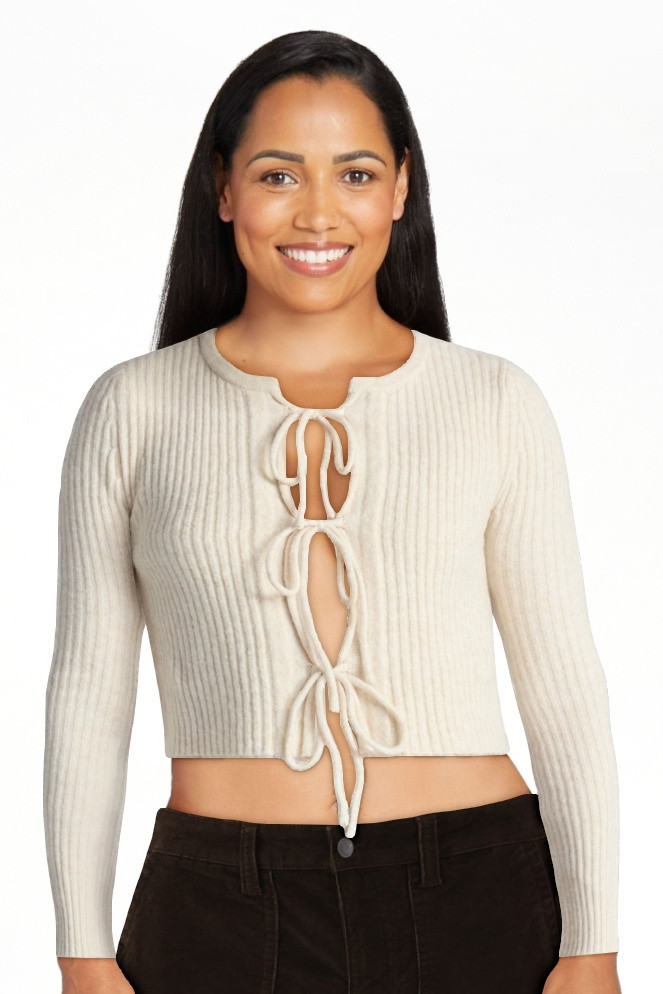 No Boundaries Bow-Tie Ribbed Cardigan, Women's - Walmart.com | Walmart (US)
