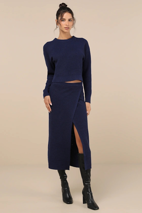 Autumn Sweetheart Navy Blue Waffle Knit Two-Piece Sweater Dress | Lulus